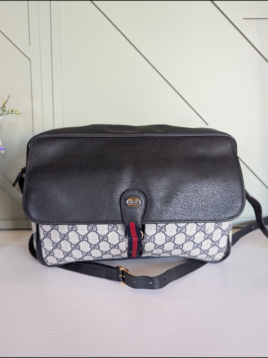 Gucci Other - Gucci Black Leather & Beige GG Canvas Messenger Bag with Red-Blue Web